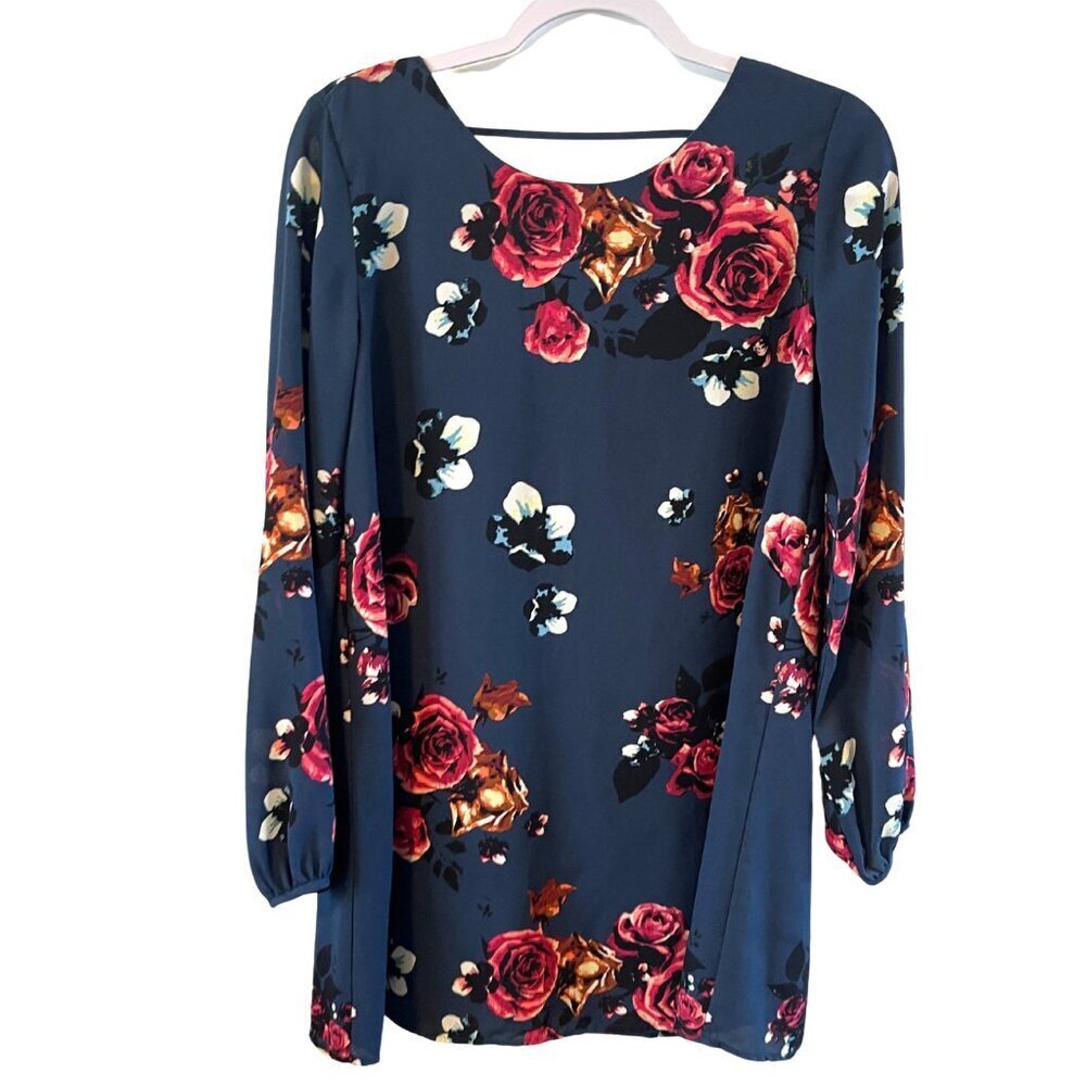 Blue Floral Dress F21 S long sleeve v back open lined pink rose NWOT